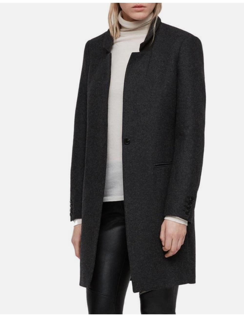 AllSaints Charcoal Wool-Blend Single-Button Coat